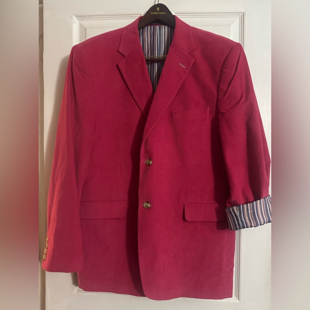 Men’s fuchsia, corduroy, blazer size large with pinstripes in the inside